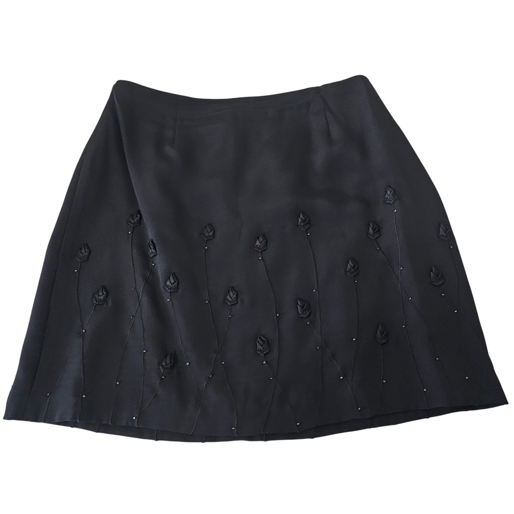 Cache Silk Mini Skirt 10 Black Embroidered Floral Beaded Whimsigoth Y2K Chic
